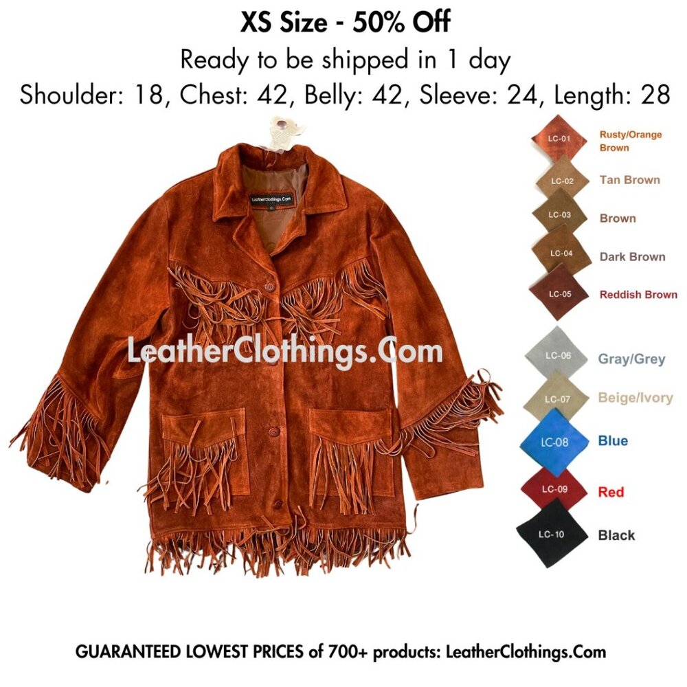 New - XS Women's Rusty Brown Genuine Suede Leather Fringes Jacket